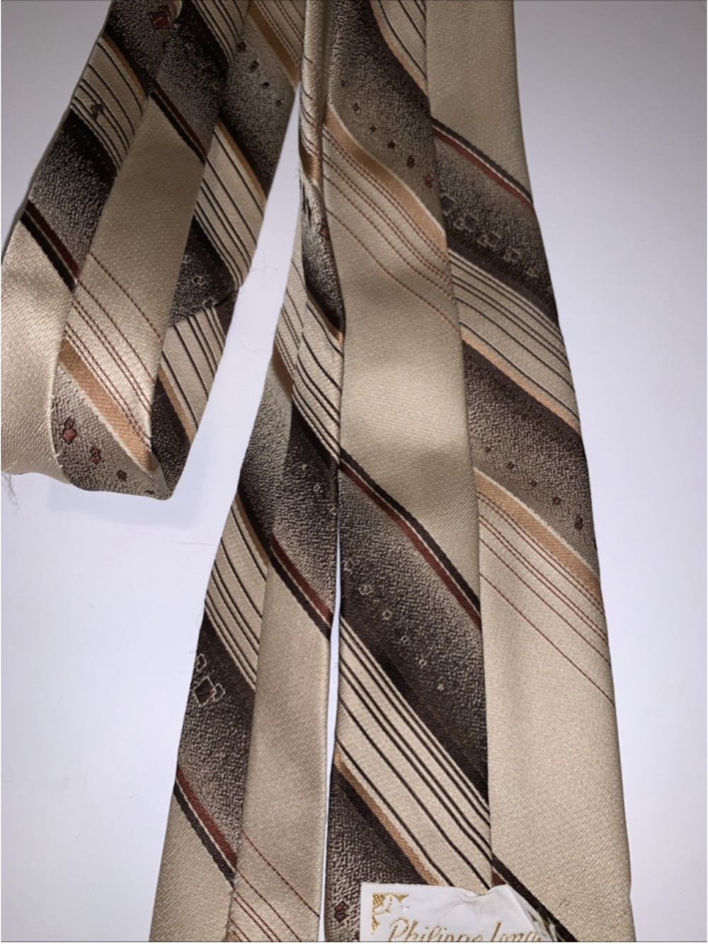 Philippe Longet Paris New York Brown Beige Tan Striped Neck Tie Vintage 3” 53” - Picture 10 of 11
